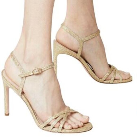 New Stuart Weitzman Gold Starla 80mm Crisscross Metallic Glitter Sandals - Picture 4 of 16